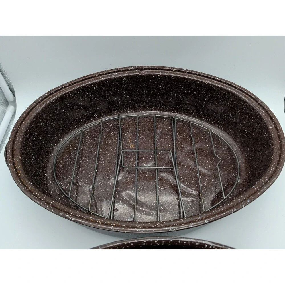 Graniteware Enamel Lrg Oval Oven VTG Brown Roast pan 16 x 12 x 4 in Lid USA